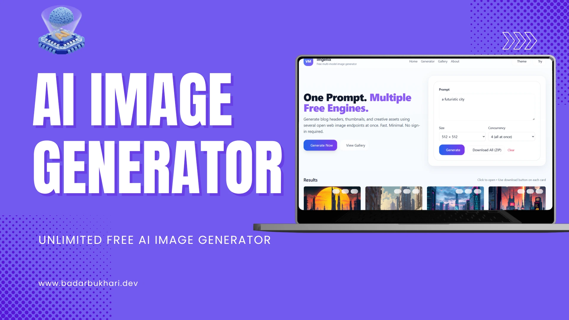 The AI Image Generator web application showcasing a gallery of generated art.